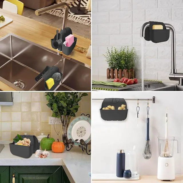 Alt view image 6 of 7 - Sponge Holder for Kitchen Sink, Silicone Sink Saddle Caddy Organizer Rack, Sponges Holder Over Faucet, Hanging Kitchen Organizer Accessories Rack Basket Black