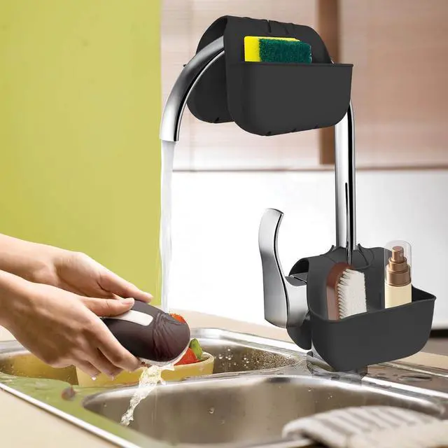 Alt view image 7 of 7 - Sponge Holder for Kitchen Sink, Silicone Sink Saddle Caddy Organizer Rack, Sponges Holder Over Faucet, Hanging Kitchen Organizer Accessories Rack Basket Black