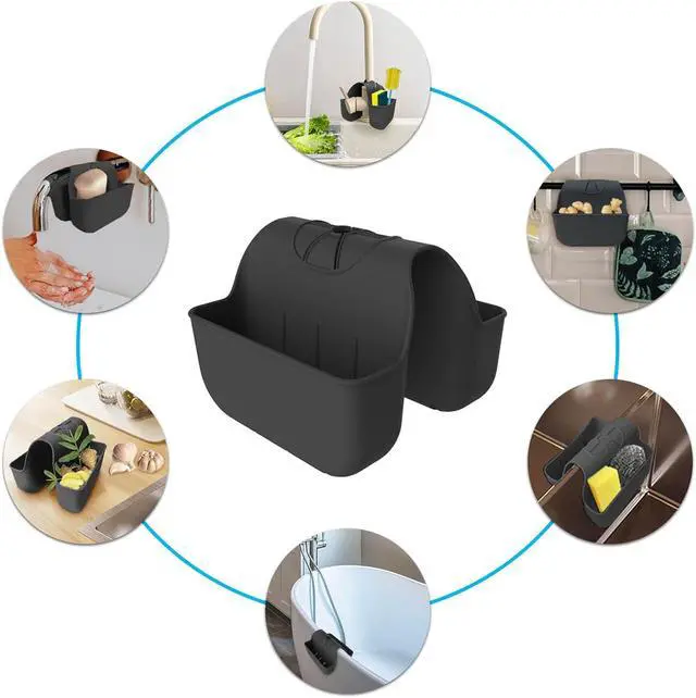 Alt view image 5 of 7 - Sponge Holder for Kitchen Sink, Silicone Sink Saddle Caddy Organizer Rack, Sponges Holder Over Faucet, Hanging Kitchen Organizer Accessories Rack Basket Black