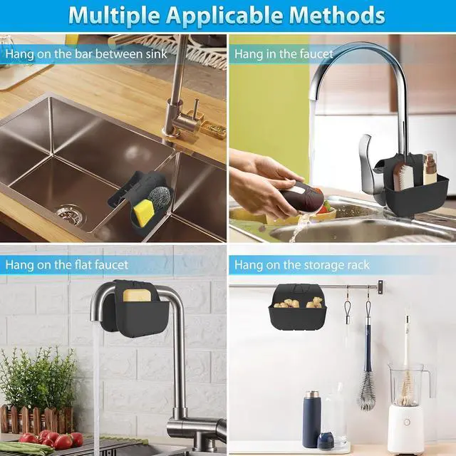 Alt view image 4 of 7 - Sponge Holder for Kitchen Sink, Silicone Sink Saddle Caddy Organizer Rack, Sponges Holder Over Faucet, Hanging Kitchen Organizer Accessories Rack Basket-Black