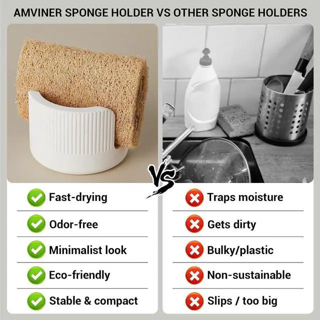 Alt view image 6 of 7 - Quick Drying Diatomite Stone Sponge Holder, Compact Sponge Caddy for Kitchen Sink Counter, Water-Absorbing Round Organizer with Wide Slot, 1 Pack, White