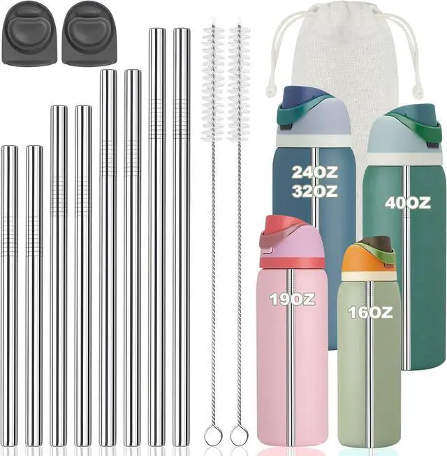 Main image of 10 PCS Stainless Steel Straws for Owala Water Bottle, 4 Lengths 19oz 24oz 32oz 40oz Kids FreeSip 16oz, with Cleaning Brush & Travel Storage Bag 2 Replacement Stopper