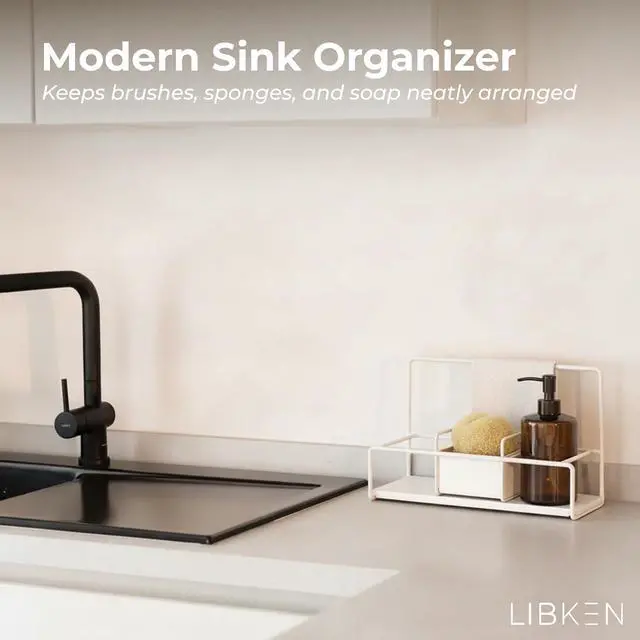 Alt view image 2 of 6 - LIBKEN Kitchen Sponge Holder with Drying Stone Warm Grey Powder Coated Metal Sink Caddy Minimal Scandinavian Design Sponge Rack for Kitchen Sink Organization & Elegant Countertop Storage