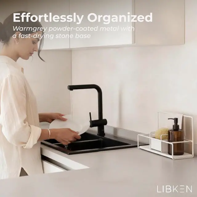 Alt view image 4 of 6 - LIBKEN Kitchen Sponge Holder with Drying Stone Warm Grey Powder Coated Metal Sink Caddy Minimal Scandinavian Design Sponge Rack for Kitchen Sink Organization & Elegant Countertop Storage