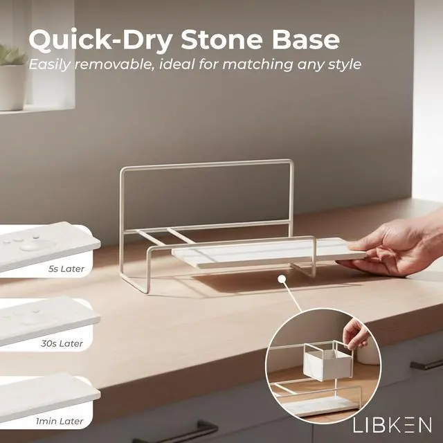 Alt view image 5 of 6 - LIBKEN Kitchen Sponge Holder with Drying Stone Warm Grey Powder Coated Metal Sink Caddy Minimal Scandinavian Design Sponge Rack for Kitchen Sink Organization & Elegant Countertop Storage