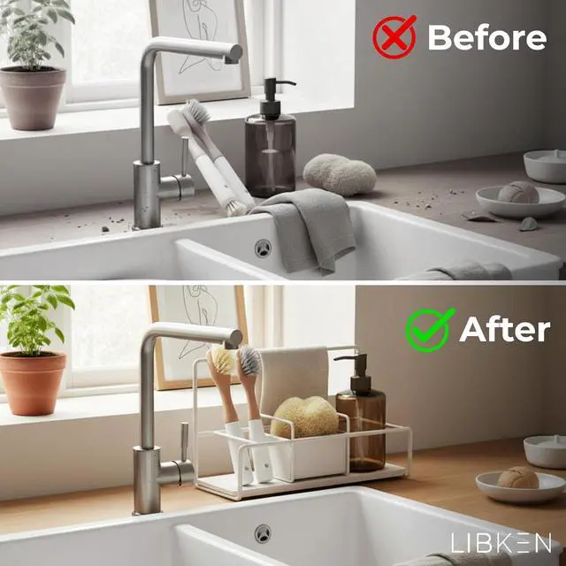 Alt view image 6 of 6 - LIBKEN Kitchen Sponge Holder with Drying Stone Warm Grey Powder Coated Metal Sink Caddy Minimal Scandinavian Design Sponge Rack for Kitchen Sink Organization & Elegant Countertop Storage