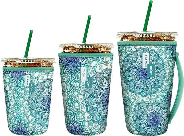 Main image of Fintie 3 Pack Reusable Iced Coffee Sleeve Insulated Drink Cup Cover | For Hot and Cold Drinks, Starbucks, Dunkin, S/M/L Wrist Strap, Emerald Illusions