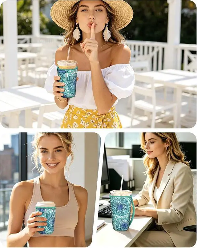 Alt view image 2 of 7 - Fintie 3 Pack Reusable Iced Coffee Sleeve Insulated Drink Cup Cover | For Hot and Cold Drinks, Starbucks, Dunkin, S/M/L Wrist Strap, Emerald Illusions