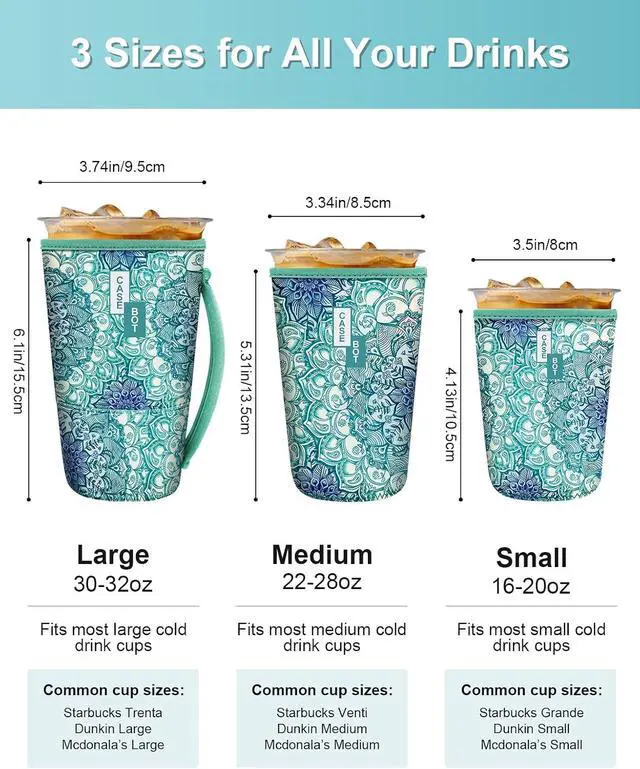 Alt view image 3 of 7 - Fintie 3 Pack Reusable Iced Coffee Sleeve Insulated Drink Cup Cover | For Hot and Cold Drinks, Starbucks, Dunkin, S/M/L Wrist Strap, Emerald Illusions