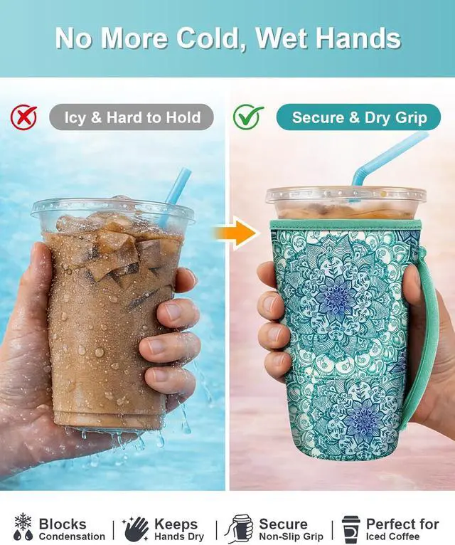 Alt view image 4 of 7 - Fintie 3 Pack Reusable Iced Coffee Sleeve Insulated Drink Cup Cover | For Hot and Cold Drinks, Starbucks, Dunkin, S/M/L Wrist Strap, Emerald Illusions
