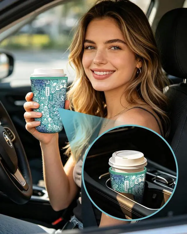 Alt view image 5 of 7 - Fintie 3 Pack Reusable Iced Coffee Sleeve Insulated Drink Cup Cover | For Hot and Cold Drinks, Starbucks, Dunkin, S/M/L Wrist Strap, Emerald Illusions