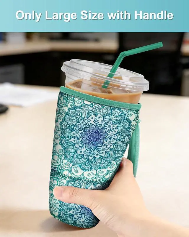 Alt view image 7 of 7 - Fintie 3 Pack Reusable Iced Coffee Sleeve Insulated Drink Cup Cover | For Hot and Cold Drinks, Starbucks, Dunkin, S/M/L Wrist Strap, Emerald Illusions