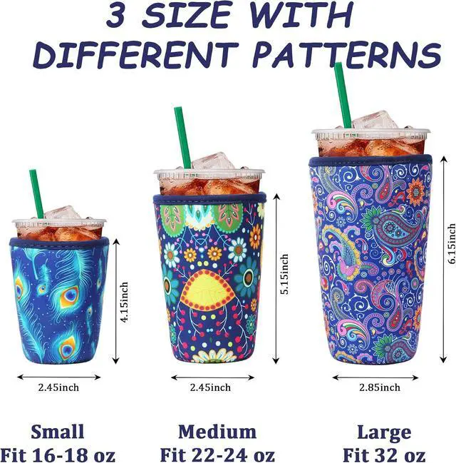 Alt view image 3 of 7 - 3Pcs Reusable Insulated Neoprene Iced Coffee Cold Soda Cup Sleeve | Blue Atmosphere Pattern 16-32Oz Cup Holder Can Cooler Cold Iced Drinks for Beverages Gifts for Families