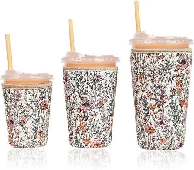 Main image of Reusable Insulated Neoprene Iced Coffee Cup Sleeve, Durable Drink Sleeve for Cold Beverages, Beverage Holder for Iced Coffee (Bloom Magic)