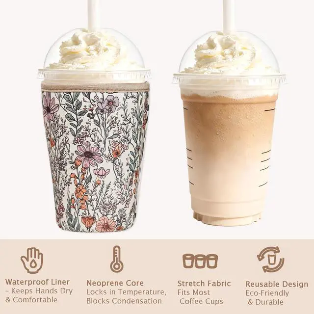 Alt view image 6 of 7 - Reusable Insulated Neoprene Iced Coffee Cup Sleeve, Durable Drink Sleeve for Cold Beverages, Beverage Holder for Iced Coffee (Bloom Magic)