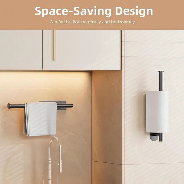 Alt view image 2 of 7 - 2 Pack Paper Towel Holder, Improved Paper Towel Holder Under Cabinet, Stainless Steel Paper Towel Holders Bar Rack with Self Adhesive and Screws for Kitchen, Bathroom, RV, Black