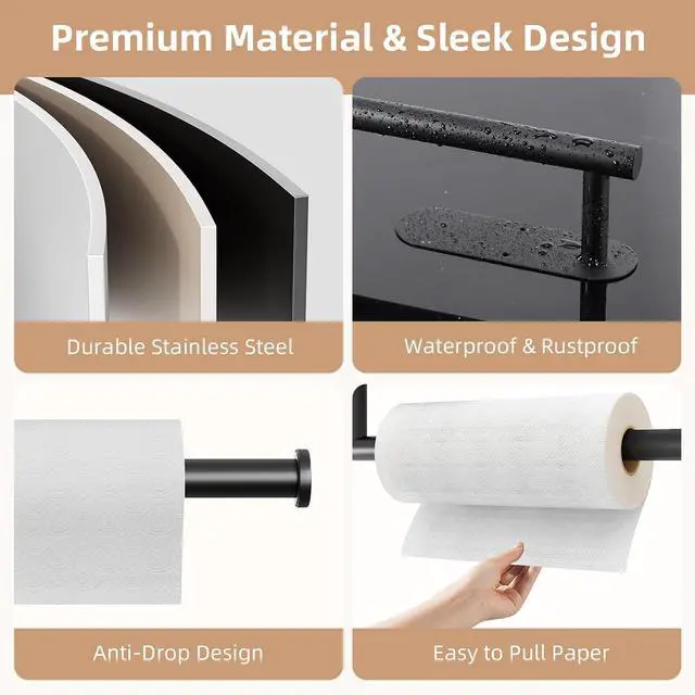 Alt view image 5 of 7 - 2 Pack Paper Towel Holder, Improved Paper Towel Holder Under Cabinet, Stainless Steel Paper Towel Holders Bar Rack with Self Adhesive and Screws for Kitchen, Bathroom, RV, Black