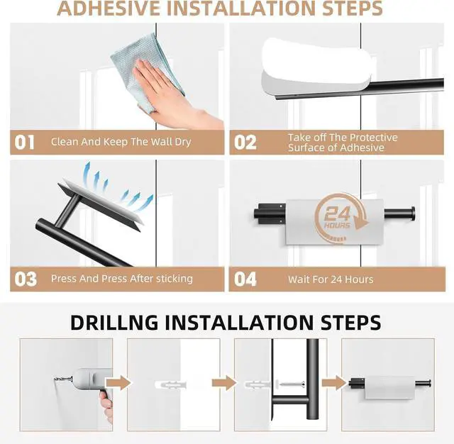Alt view image 7 of 7 - 2 Pack Paper Towel Holder, Improved Paper Towel Holder Under Cabinet, Stainless Steel Paper Towel Holders Bar Rack with Self Adhesive and Screws for Kitchen, Bathroom, RV, Black