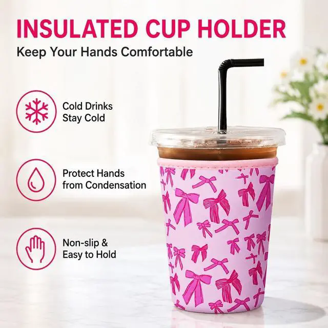 Alt view image 2 of 7 - 3Pcs Reusable Ice Coffee Cup Sleeves for Cold Drink 16-32oz(Pink Bow1) | Insulated Neoprene Sleeve for Iced Coffee Cups, Beverage Holder Drink Sleeves for 16/18/22/24/32oz