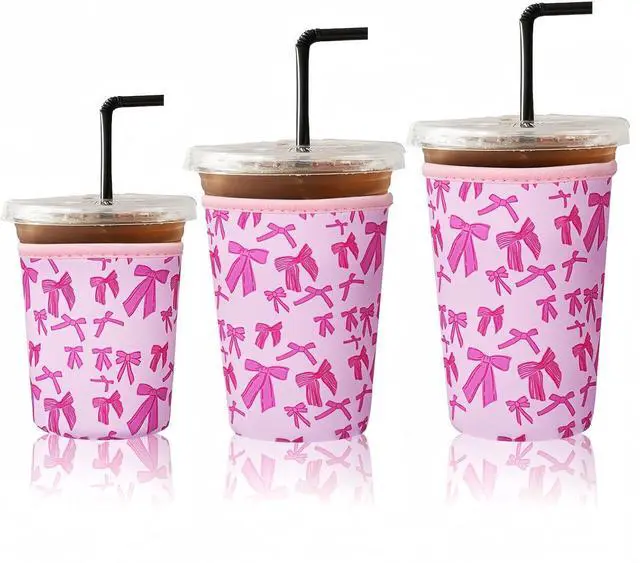 Main image of 3Pcs Reusable Ice Coffee Cup Sleeves for Cold Drink 16-32oz(Pink Bow1) | Insulated Neoprene Sleeve for Iced Coffee Cups, Beverage Holder Drink Sleeves for 16/18/22/24/32oz