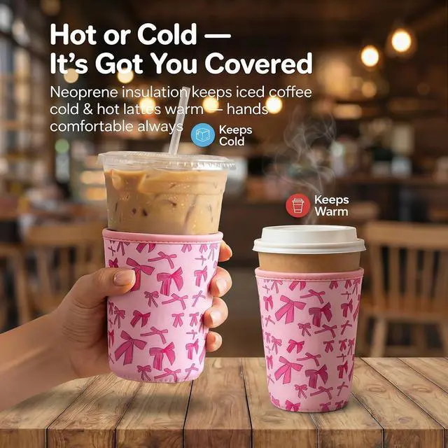 Alt view image 5 of 7 - 3Pcs Reusable Ice Coffee Cup Sleeves for Cold Drink 16-32oz(Pink Bow1) | Insulated Neoprene Sleeve for Iced Coffee Cups, Beverage Holder Drink Sleeves for 16/18/22/24/32oz