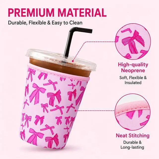 Alt view image 4 of 7 - 3Pcs Reusable Ice Coffee Cup Sleeves for Cold Drink 16-32oz(Pink Bow1) | Insulated Neoprene Sleeve for Iced Coffee Cups, Beverage Holder Drink Sleeves for 16/18/22/24/32oz