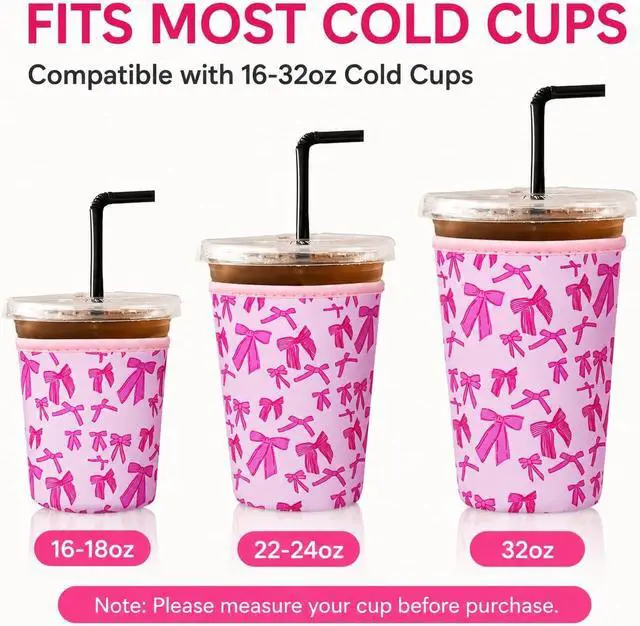 Alt view image 3 of 7 - 3Pcs Reusable Ice Coffee Cup Sleeves for Cold Drink 16-32oz(Pink Bow1) | Insulated Neoprene Sleeve for Iced Coffee Cups, Beverage Holder Drink Sleeves for 16/18/22/24/32oz