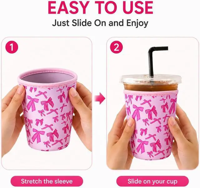 Alt view image 7 of 7 - 3Pcs Reusable Ice Coffee Cup Sleeves for Cold Drink 16-32oz(Pink Bow1) | Insulated Neoprene Sleeve for Iced Coffee Cups, Beverage Holder Drink Sleeves for 16/18/22/24/32oz