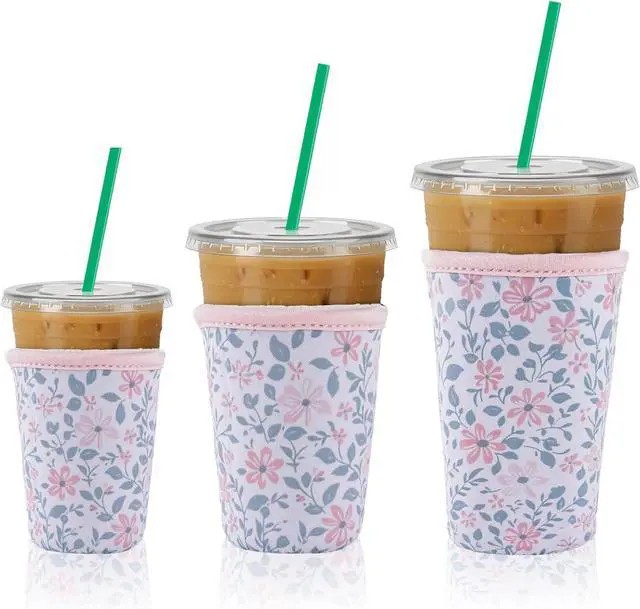 Main image of 3 Packs Reusable Iced Coffee Sleeves - Flower Neoprene Cup Sleeve for Hot and Cold Drinks, Insulated Drink Sleeve for 16-32oz Soda Cans Beverages Water Bottles, Christmas Gift for Friends