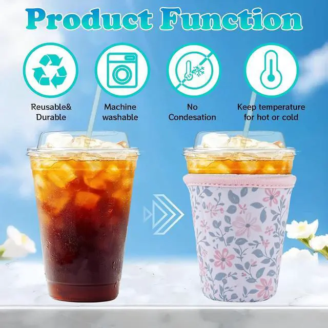 Alt view image 5 of 7 - 3 Packs Reusable Iced Coffee Sleeves - Flower Neoprene Cup Sleeve for Hot and Cold Drinks, Insulated Drink Sleeve for 16-32oz Soda Cans Beverages Water Bottles, Christmas Gift for Friends