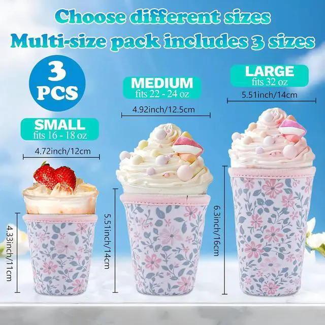 Alt view image 4 of 7 - 3 Packs Reusable Iced Coffee Sleeves - Flower Neoprene Cup Sleeve for Hot and Cold Drinks, Insulated Drink Sleeve for 16-32oz Soda Cans Beverages Water Bottles, Christmas Gift for Friends