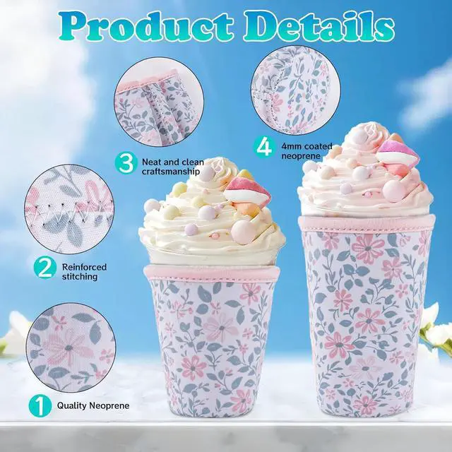 Alt view image 6 of 7 - 3 Packs Reusable Iced Coffee Sleeves - Flower Neoprene Cup Sleeve for Hot and Cold Drinks, Insulated Drink Sleeve for 16-32oz Soda Cans Beverages Water Bottles, Christmas Gift for Friends
