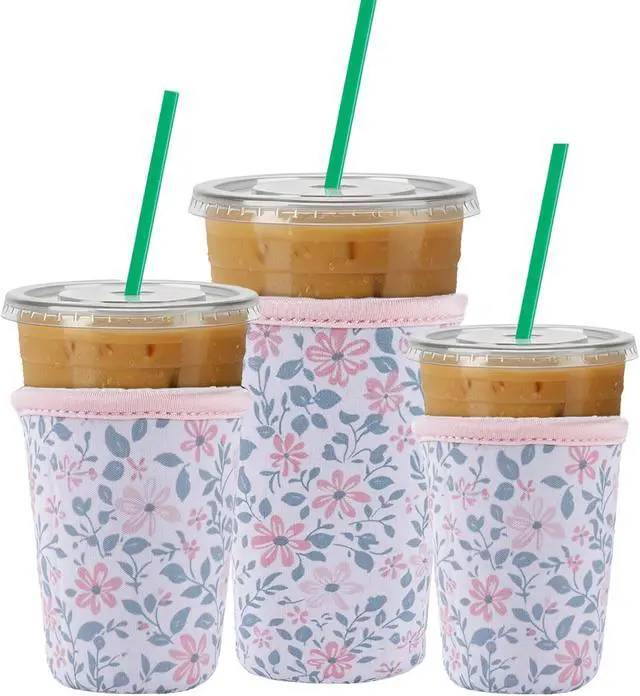 Alt view image 7 of 7 - 3 Packs Reusable Iced Coffee Sleeves - Flower Neoprene Cup Sleeve for Hot and Cold Drinks, Insulated Drink Sleeve for 16-32oz Soda Cans Beverages Water Bottles, Christmas Gift for Friends