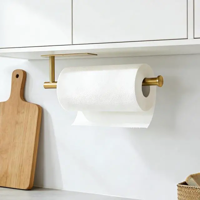 Alt view image 2 of 7 - Gold Paper Towel Holder Under Cabinet, Self Adhesive Paper Towel Roll Holder Stick on Wall, Stainless Steel Towel Paper Holder for Kitchen Bathroom
