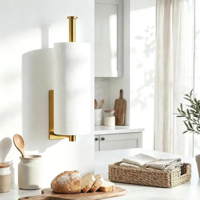 Alt view image 3 of 7 - Gold Paper Towel Holder Under Cabinet, Self Adhesive Paper Towel Roll Holder Stick on Wall, Stainless Steel Towel Paper Holder for Kitchen Bathroom