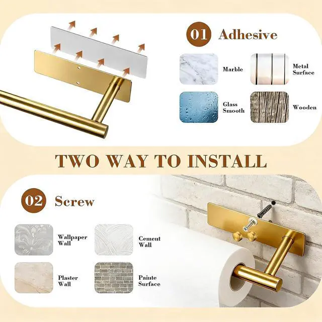 Alt view image 5 of 7 - Gold Paper Towel Holder Under Cabinet, Self Adhesive Paper Towel Roll Holder Stick on Wall, Stainless Steel Towel Paper Holder for Kitchen Bathroom