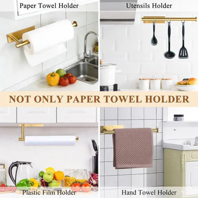 Alt view image 4 of 7 - Gold Paper Towel Holder Under Cabinet, Self Adhesive Paper Towel Roll Holder Stick on Wall, Stainless Steel Towel Paper Holder for Kitchen Bathroom