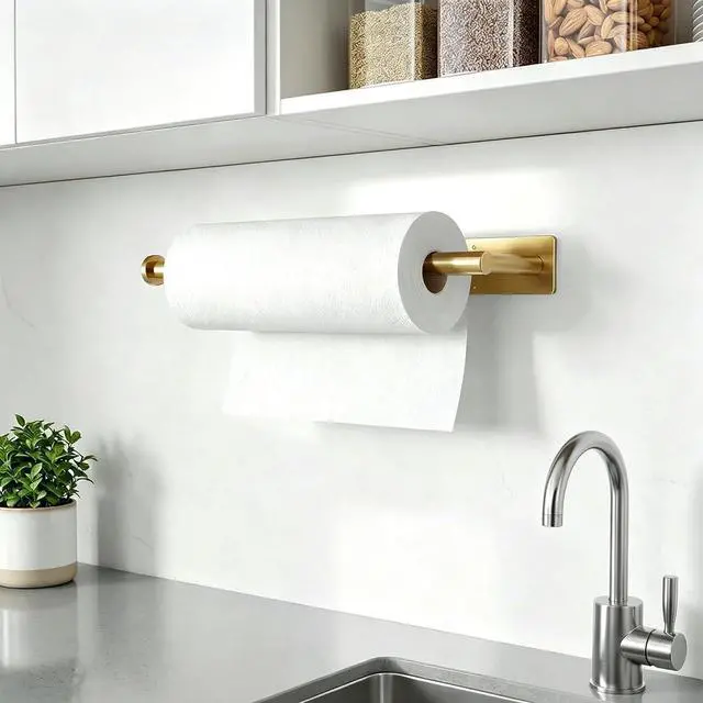 Alt view image 6 of 7 - Gold Paper Towel Holder Under Cabinet, Self Adhesive Paper Towel Roll Holder Stick on Wall, Stainless Steel Towel Paper Holder for Kitchen Bathroom