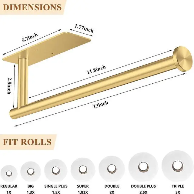 Alt view image 7 of 7 - Gold Paper Towel Holder Under Cabinet, Self Adhesive Paper Towel Roll Holder Stick on Wall, Stainless Steel Towel Paper Holder for Kitchen Bathroom