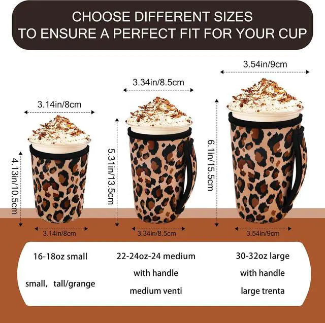 Alt view image 3 of 7 - 3PCS Reusable Iced Coffee Sleeves, Fits 16-32oz Hot/Cold Drinks | 3 Reusable Coffee Sleeves, Insulated Coffee Sleeves, Compatible with Starbucks Dunkin Coffee cup, Leopard print Coffee Koozie