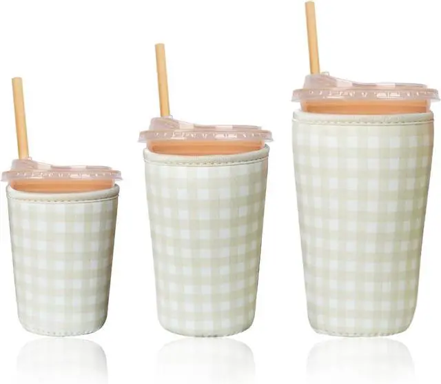 Main image of Reusable Insulated Sleeve for Iced Coffee Cup, 3-Pack Coffee Neoprene Drink Sleeve for Cold & Hot Drinks, Beverage Holder for Iced Coffee (Beige Gingham)