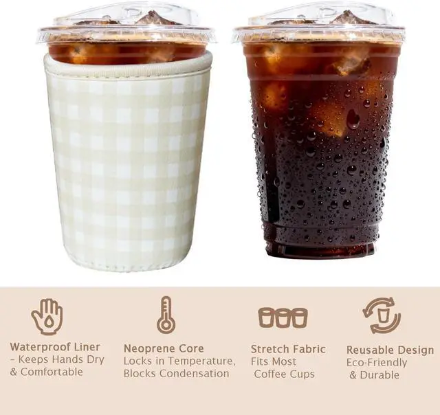Alt view image 6 of 7 - Reusable Insulated Sleeve for Iced Coffee Cup, 3-Pack Coffee Neoprene Drink Sleeve for Cold & Hot Drinks, Beverage Holder for Iced Coffee (Beige Gingham)