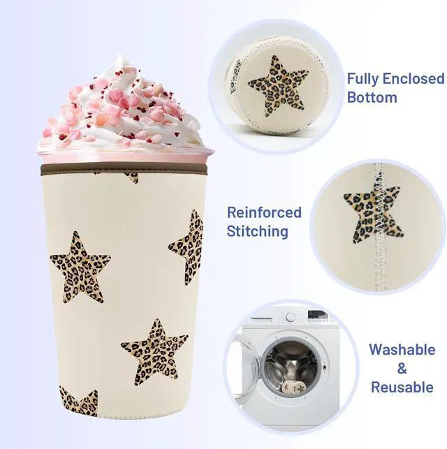Alt view image 5 of 7 - Iced Coffee Sleeve Reusable Neoprene Cup Sleeves, Stars Leopard | Ice Coffee Sleeve, Insulated Cold Drinks Covers,Fits Most Cups