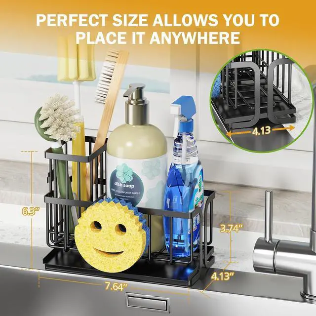 Alt view image 2 of 7 - Epicano Sink Caddy Sponge Holder, Smiley Face Sponge Rack with High Brush Holder,Rustproof Kitchen Countertop Organizer,Kitchen Gadgets Sink Accessories, Black