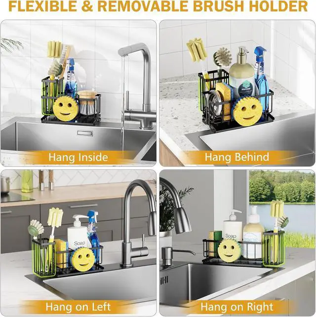Alt view image 4 of 7 - Epicano Sink Caddy Sponge Holder, Smiley Face Sponge Rack with High Brush Holder,Rustproof Kitchen Countertop Organizer,Kitchen Gadgets Sink Accessories, Black