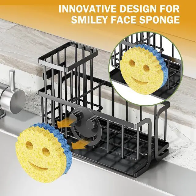 Alt view image 3 of 7 - Epicano Sink Caddy Sponge Holder, Smiley Face Sponge Rack with High Brush Holder,Rustproof Kitchen Countertop Organizer,Kitchen Gadgets Sink Accessories, Black