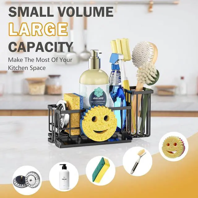 Alt view image 6 of 7 - Epicano Sink Caddy Sponge Holder, Smiley Face Sponge Rack with High Brush Holder,Rustproof Kitchen Countertop Organizer,Kitchen Gadgets Sink Accessories, Black
