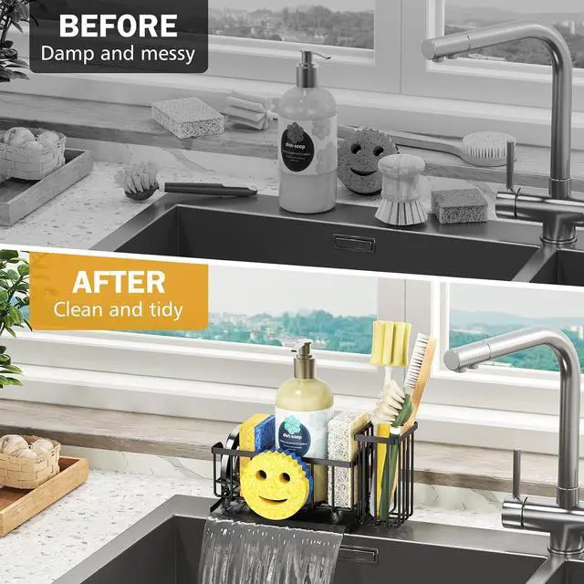 Alt view image 7 of 7 - Epicano Sink Caddy Sponge Holder, Smiley Face Sponge Rack with High Brush Holder,Rustproof Kitchen Countertop Organizer,Kitchen Gadgets Sink Accessories, Black