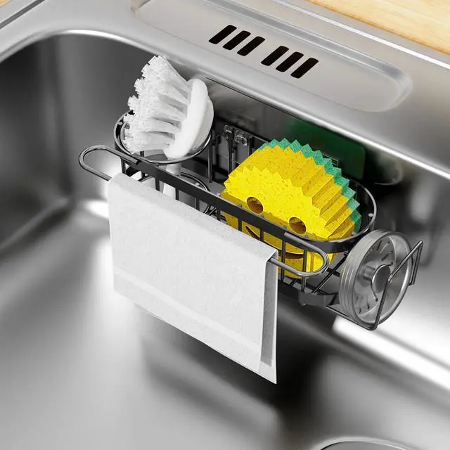 Main image of Cisily Kitchen Sponge Holder for Kitchen Sink with 2 Suction Cups/1 Adhesive Strips, Stainless Steel Kitchen Caddy Sink Organizer, Brush Holder, Dish Cloth Hanger, Sink Stopper Holder (Black)