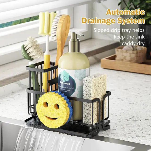 Alt view image 5 of 7 - Epicano Sink Caddy Sponge Holder, Smiley Face Sponge Rack with High Brush Holder,Rustproof Kitchen Countertop Organizer,Kitchen Gadgets Sink Accessories, Black